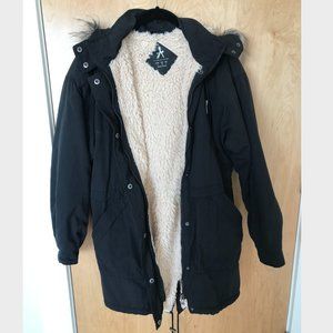 Black faux-fur lined parka with faux-fur trim